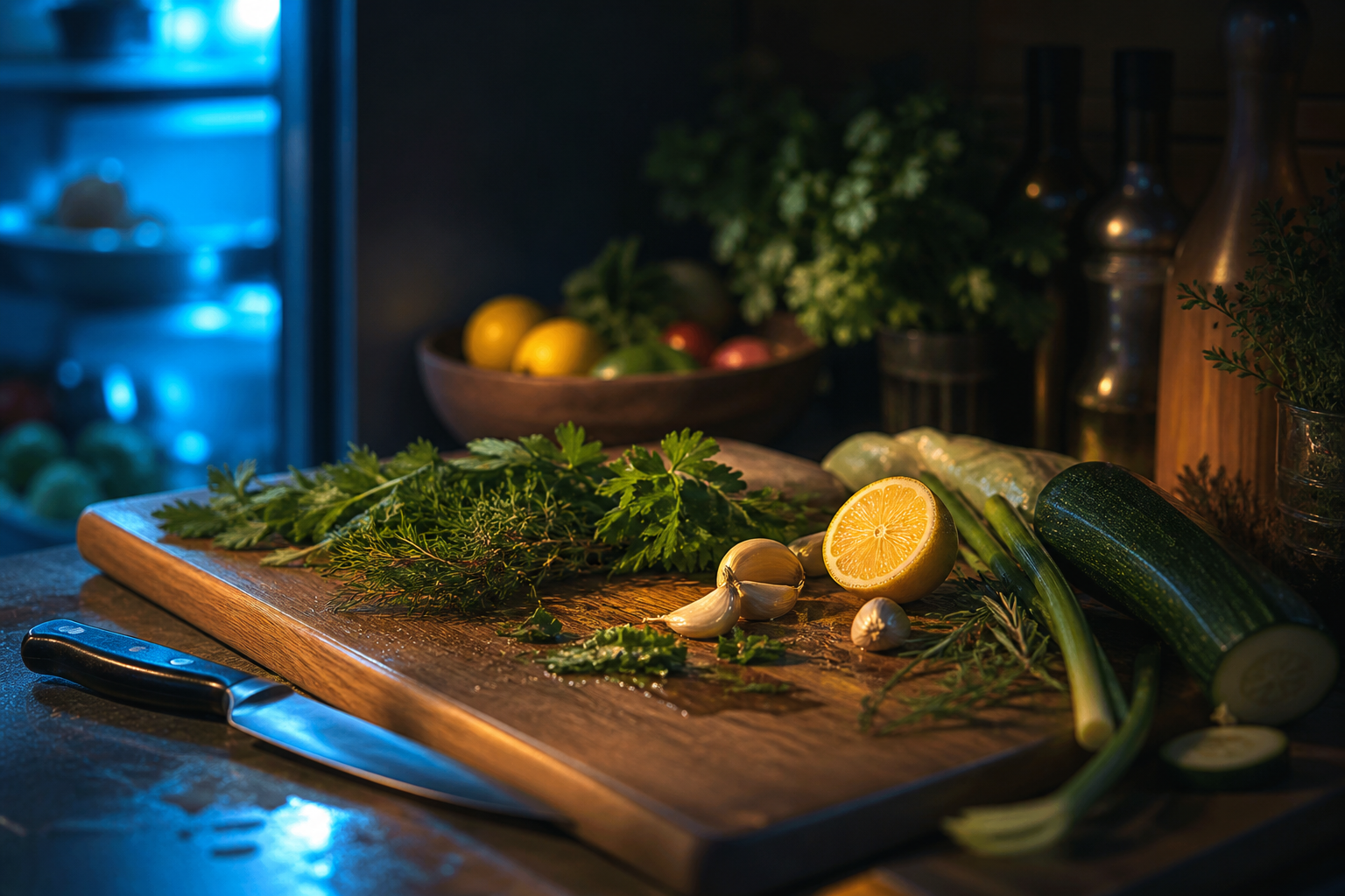 Fresh herbs and vegetables on a cutting board in warm kitchen light